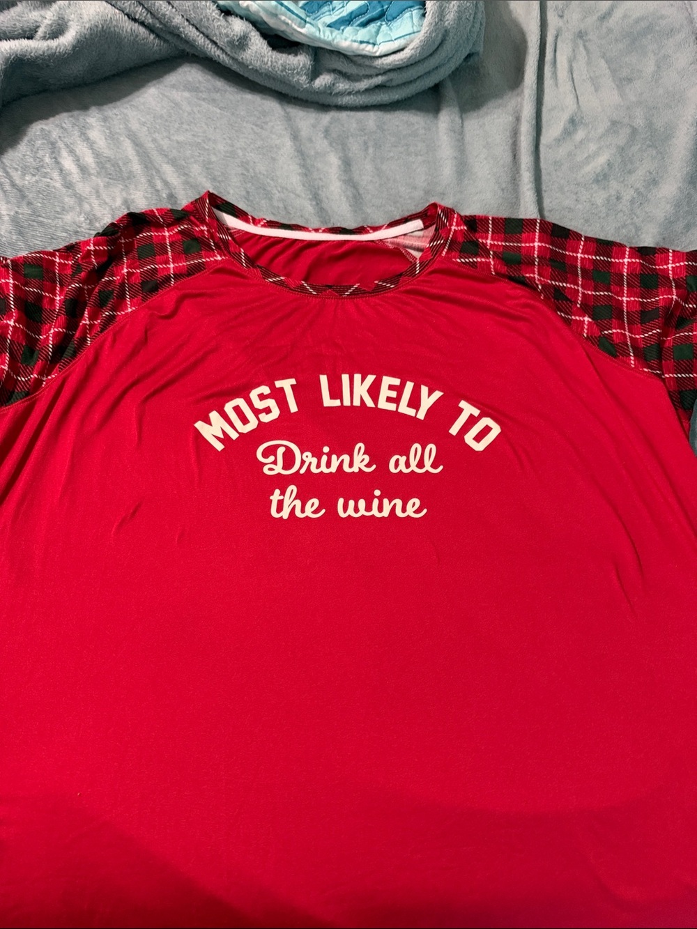 Red Plaid Raglan Top with 'Most Likely To Drink All The Wine' Print